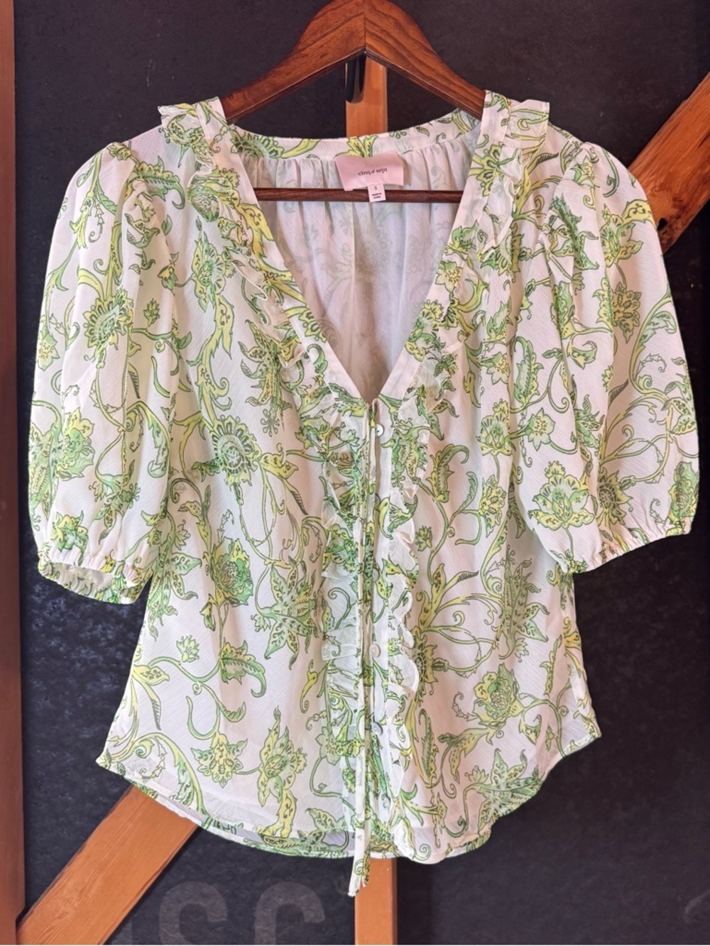 Cinq a Sept Ivy Paisley Seraphina in Ivory and Green Ruffled Blouse - Picture 6 of 12